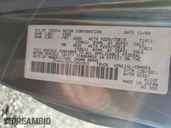 1989 Toyota Pickup DLX z VIN JT4VN13D0K0001910, wystawiony jako Copart lot #77413274 z przebiegiem 311 223 mil mil oraz Szkoda całkowita • Salvage title. Historia ofert i sprzedaży dostępna na DreamBid. Obrazek 12.