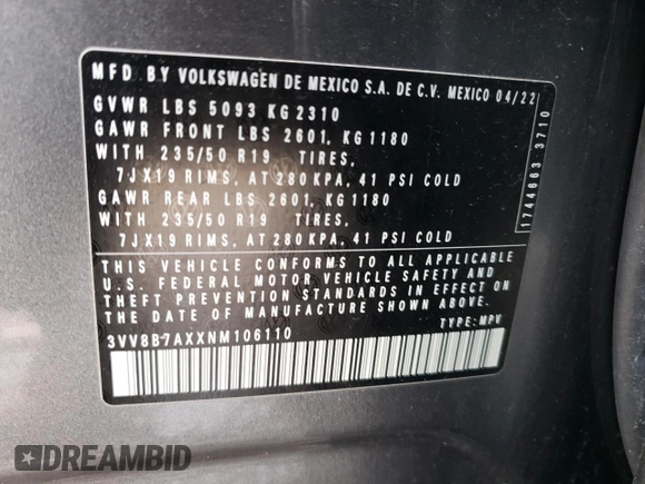 2022 Volkswagen Tiguan SE R-Line Black with VIN 3VV8B7AXXNM106110, listed as a Copart auction lot 43039575 with 24,728 mi miles and Salvage Title. Bid and sale history available at DreamBid. Image 13.