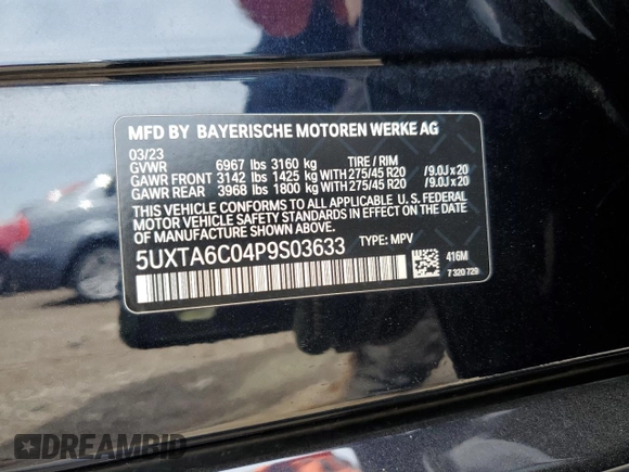 2023 BMW X5 xDrive45e with VIN 5UXTA6C04P9S03633, listed as a Copart auction lot 54916645 with Not provided miles and Salvage title. Bid and sale history available at DreamBid. Image 13.