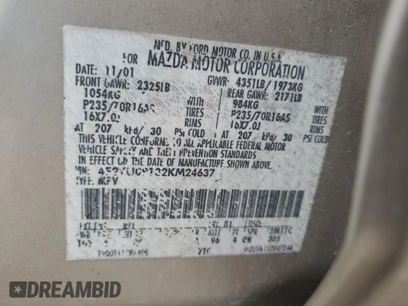 2002 Mazda Tribute LX with VIN 4F2YU09132KM24637, listed as a Copart auction lot 88919855 with 211,198 mi miles and Salvage Title. Bid and sale history available at carsss.com. Image 13.