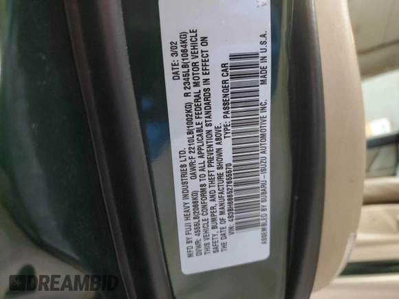 2002 Subaru Legacy Outback Limited with VIN 4S3BH686527655570, listed as a Copart auction lot 84155434 with 210,207 mi miles and Salvage title. Bid and sale history available at DreamBid. Image 14.
