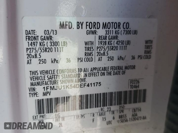2013 Ford Expedition Limited с VIN 1FMJU1K54DEF41175, выставлен на аукционе Copart как лот 54819105 с пробегом 167 837 миль миль и На запчасти • Non repairable. История ставок и продаж доступна на DreamBid. Изображение 13.