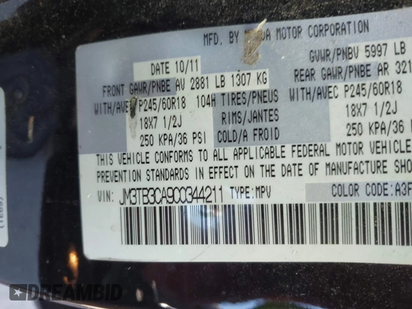 2012 Mazda CX-9 Touring with VIN JM3TB3CA9C0344211, listed as a IAAI auction lot 41910270 with 252,843 mi miles and . Bid and sale history available at DreamBid. Image 9.