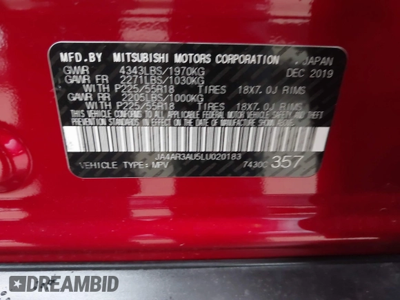 2020 Mitsubishi Outlander Sport ES 2.0 with VIN JA4AR3AU5LU020183, listed as a IAAI auction lot 41929121 with 44,305 mi miles. Bid and sale history available at carsss.com. Image 9.