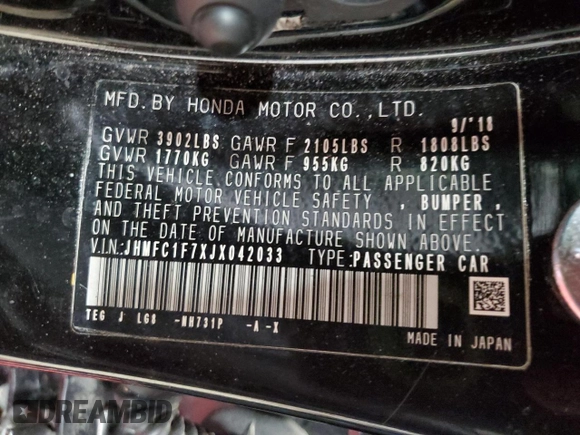 2018 Honda Civic EX-L with VIN JHMFC1F7XJX042033, listed as a Copart auction lot 53304175 with 90,055 mi miles and Salvage Title. Bid and sale history available at DreamBid. Image 12.