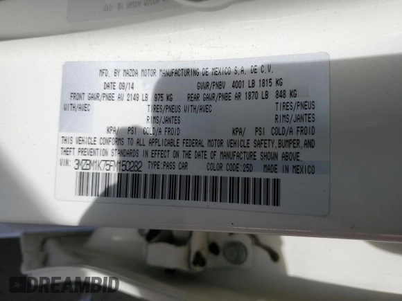 2015 Mazda 3 i Sport with VIN 3MZBM1K75FM150282, listed as a Copart auction lot 53390915 with 163,023 mi miles and Salvage Title. Bid and sale history available at DreamBid. Image 15.