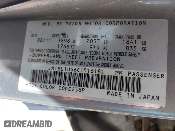 2012 Mazda Mazda3 i Sport with VIN JM1BL1UG6C1516181, listed as a IAAI auction lot 42130825 with 140,868 mi miles. Bid and sale history available at carsss.com. Image 9.