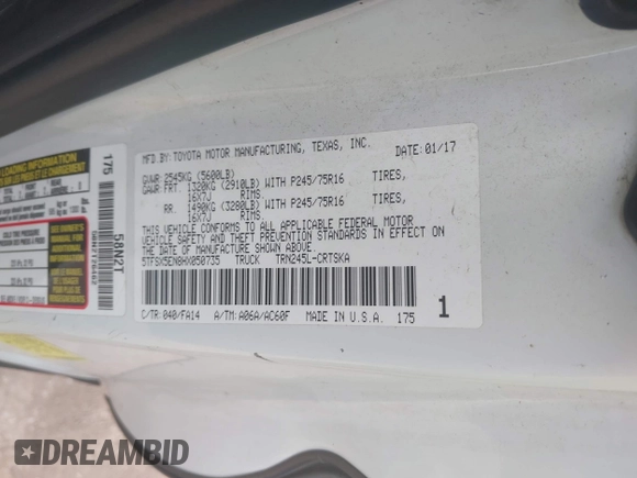 2017 Toyota Tacoma SR with VIN 5TFSX5EN8HX050735, listed as a IAAI auction lot 42156396 with 258,227 mi miles and . Bid and sale history available at DreamBid. Image 9.