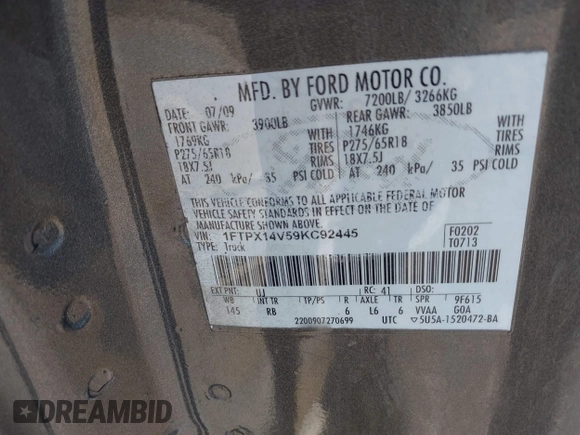 2009 Ford F-150 XL with VIN 1FTPX14V59KC92445, listed as a IAAI auction lot 40280550 with 213,709 mi miles. Bid and sale history available at carsss.com. Image 9.