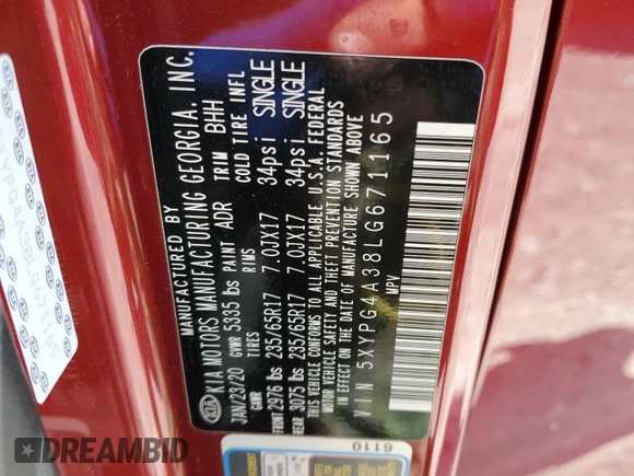 2020 Kia Sorento LX with VIN 5XYPG4A38LG671165, listed as a Copart auction lot 51986745 with 86,547 mi miles and Salvage Title. Bid and sale history available at carsss.com. Image 14.