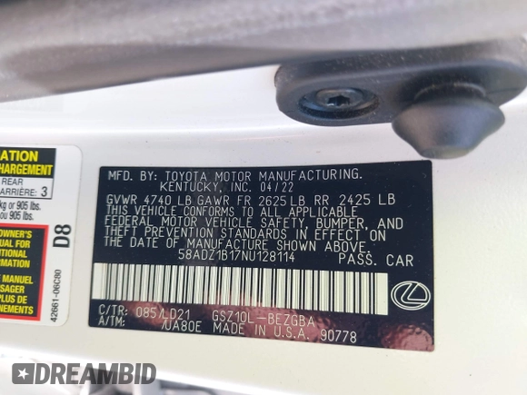 2022 Lexus ES 350 z VIN 58ADZ1B17NU128114, wystawiony jako IAAI lot #42006111 z przebiegiem 44 060 mil mil oraz . Historia ofert i sprzedaży dostępna na DreamBid. Obrazek 9.