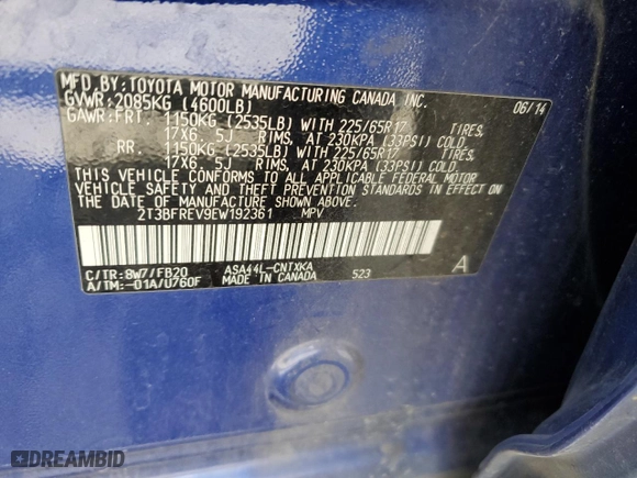 2014 Toyota RAV4 LE with VIN 2T3BFREV9EW192361, listed as a Copart auction lot 53189925 with 122,161 mi miles and Salvage Title. Bid and sale history available at carsss.com. Image 15.