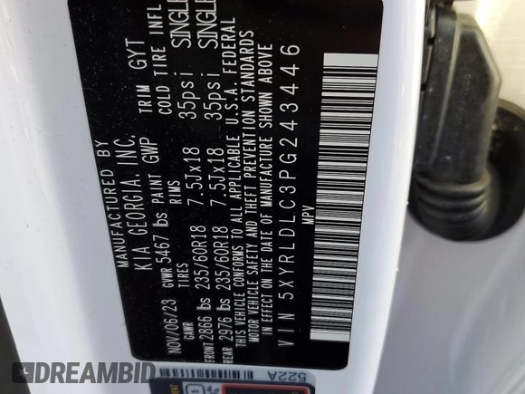 2023 Kia Sorento X-Line S with VIN 5XYRLDLC3PG243446, listed as a Copart auction lot 43506255 with 19,164 mi miles and Salvage Title. Bid and sale history available at DreamBid. Image 13.