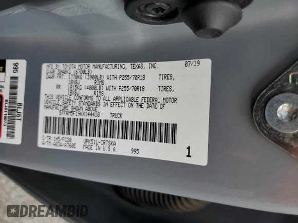 2019 Toyota Tundra SR with VIN 5TFRM5F19KX144410, listed as a Copart auction lot 45596465 with 47,985 mi miles and Salvage title. Bid and sale history available at DreamBid. Image 12.