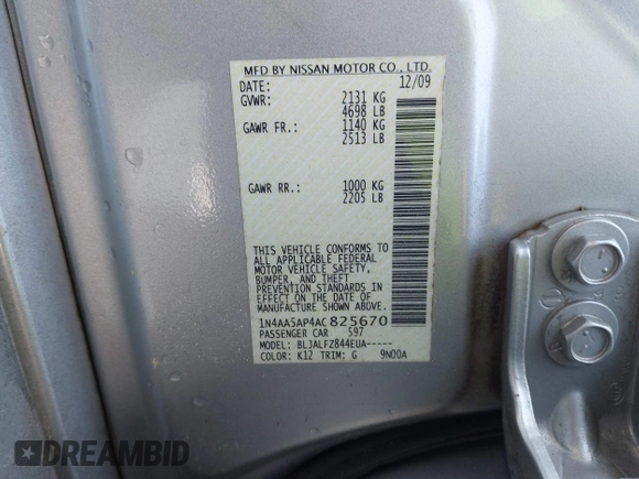 2010 Nissan Maxima SV with VIN 1N4AA5AP4AC825670, listed as a IAAI auction lot 42150640 with 117,626 mi miles and . Bid and sale history available at DreamBid. Image 9.