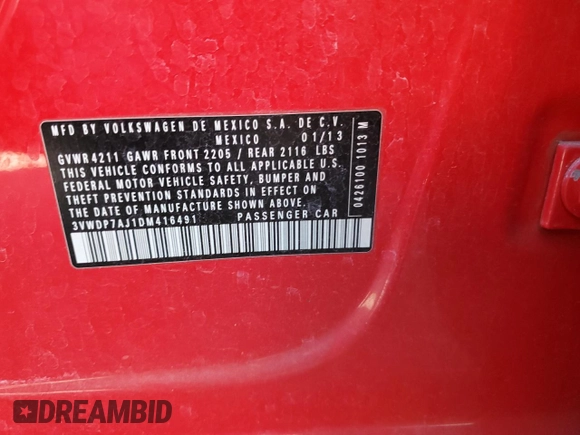 2013 Volkswagen Jetta SE with VIN 3VWDP7AJ1DM416491, listed as a Copart auction lot 54836705 with 239,027 mi miles and Salvage title. Bid and sale history available at DreamBid. Image 12.