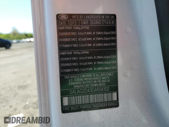 2013 Land Rover LR4 HSE with VIN SALAG2D43DA658302, listed as a Copart auction lot 54530325 with 130,614 mi miles and Salvage title. Bid and sale history available at DreamBid. Image 14.