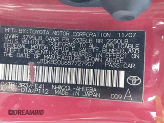 2008 Toyota Prius with VIN JTDKB20U687727907, listed as a IAAI auction lot 42097011 with 102,187 mi miles. Bid and sale history available at carsss.com. Image 9.
