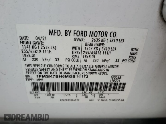 2021 Ford Explorer with VIN 1FMSK7BH6MGB14172, listed as a Copart auction lot 55282145 with 53,884 mi miles and Salvage title. Bid and sale history available at DreamBid. Image 13.