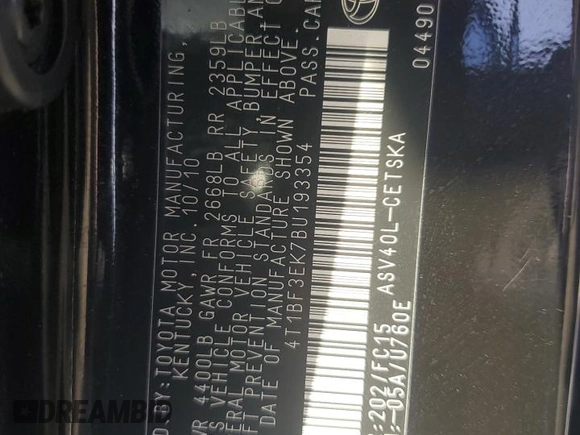 2011 Toyota Camry LE with VIN 4T1BF3EK7BU193354, listed as a Copart auction lot 61874055 with 184,748 mi miles and Salvage title. Bid and sale history available at DreamBid. Image 12.