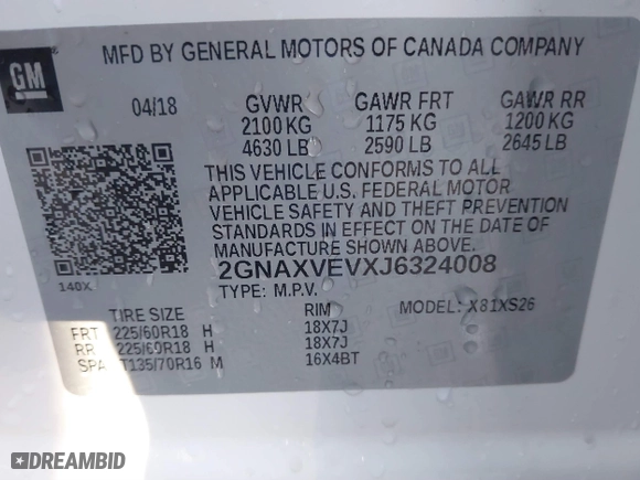 2018 Chevrolet Equinox Premier with VIN 2GNAXVEVXJ6324008, listed as a IAAI auction lot 41877394 with 106,729 mi miles. Bid and sale history available at carsss.com. Image 9.