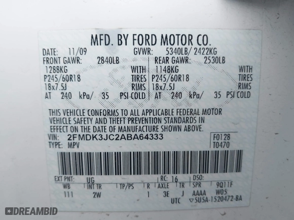 2010 Ford Edge SEL with VIN 2FMDK3JC2ABA64333, listed as a IAAI auction lot 41836929 with 192,910 mi miles. Bid and sale history available at carsss.com. Image 9.