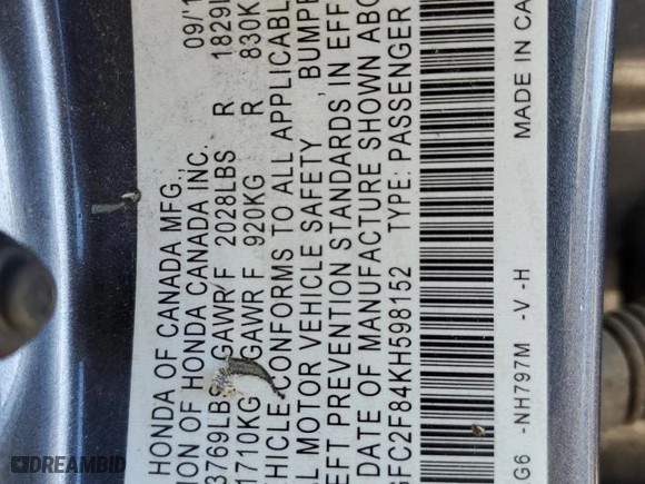 2019 Honda Civic Sedan Sport with VIN 2HGFC2F84KH598152, listed as a Copart auction lot 45580455 with 0 mi miles and Salvage Title. Bid and sale history available at carsss.com. Image 12.