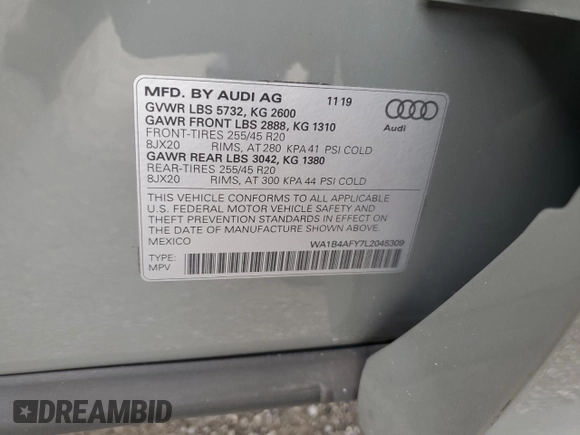 2020 Audi SQ5 Premium Plus with VIN WA1B4AFY7L2045309, listed as a Copart auction lot 73546024 with 11,573 mi miles and Salvage Title. Bid and sale history available at DreamBid. Image 13.
