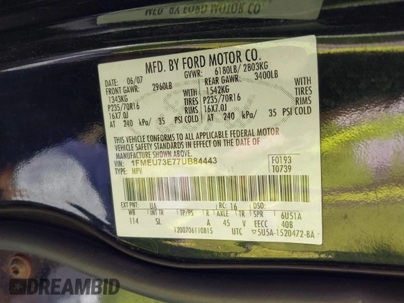 2007 Ford Explorer XLT с VIN 1FMEU73E77UB84443, выставлен на аукционе IAAI как лот 42813536 с пробегом 186 309 миль миль и . История ставок и продаж доступна на DreamBid. Изображение 9.