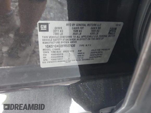 2015 GMC Yukon XL SLE z VIN 1GKS1GKC8FR507436, wystawiony jako IAAI lot #42113696 z przebiegiem Nie podano mil oraz . Historia ofert i sprzedaży dostępna na DreamBid. Obrazek 9.