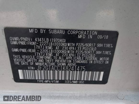 2019 Subaru Crosstrek Premium с VIN JF2GTACC1K8241475, выставлен на аукционе IAAI как лот 41754937 с пробегом 80 477 миль миль и . История ставок и продаж доступна на DreamBid. Изображение 9.
