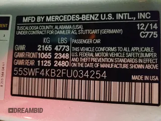 2015 Mercedes-Benz C 300 Luxury with VIN 55SWF4KB2FU034254, listed as a Copart auction lot 52040725 with 59,123 mi miles and Salvage Title. Bid and sale history available at DreamBid. Image 12.