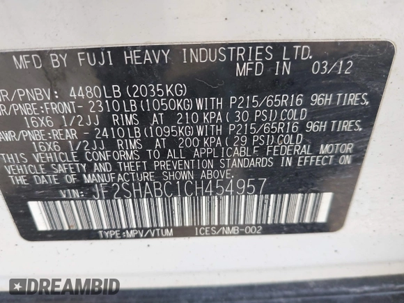 2012 Subaru Forester X with VIN JF2SHABC1CH454957, listed as a IAAI auction lot 42055199 with 197,919 mi miles and . Bid and sale history available at DreamBid. Image 9.