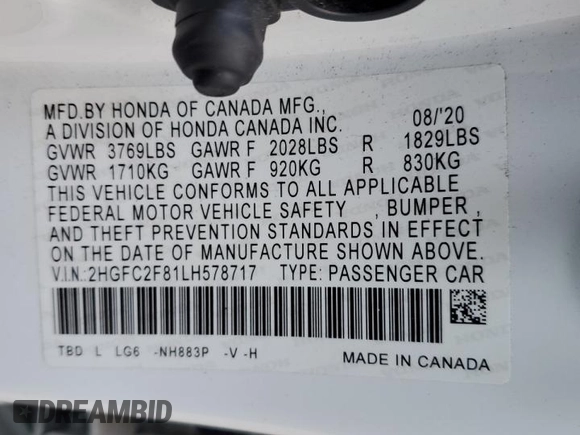 2020 Honda Civic Sedan Sport with VIN 2HGFC2F81LH578717, listed as a Copart auction lot 76535584 with Not Provided miles and Salvage Title. Bid and sale history available at carsss.com. Image 12.