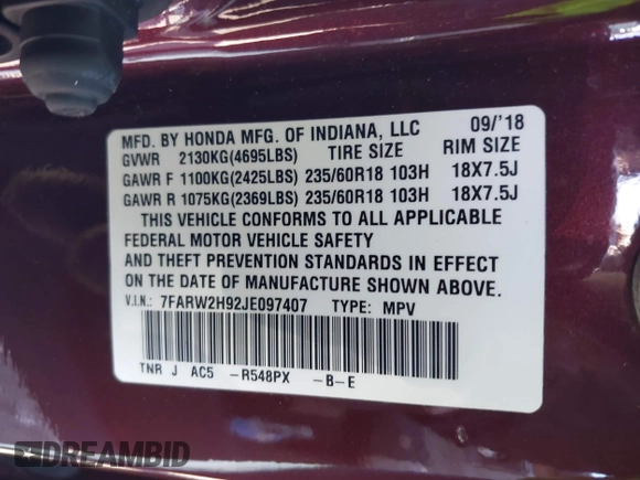 2018 Honda CR-V Touring with VIN 7FARW2H92JE097407, listed as a IAAI auction lot 41850708 with 117,201 mi miles. Bid and sale history available at carsss.com. Image 9.