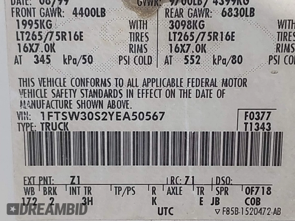 2000 Ford F-350 XL with VIN 1FTSW30S2YEA50567, listed as a IAAI auction lot 41666188 with 183,531 mi miles and . Bid and sale history available at DreamBid. Image 9.