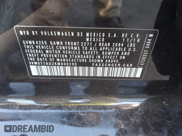 2019 Volkswagen GTI S z VIN 3VW5T7AU2KM006290, wystawiony jako IAAI lot #41629562 z przebiegiem 69 085 mil mil oraz . Historia ofert i sprzedaży dostępna na DreamBid. Obrazek 9.