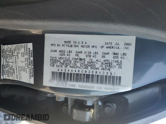 2003 Mitsubishi Galant ES z VIN 4A3AA46G03E042881, wystawiony jako Copart lot #61861195 z przebiegiem 139 049 mil mil oraz Czysty tytuł • Clean title. Historia ofert i sprzedaży dostępna na DreamBid. Obrazek 12.