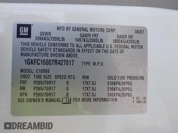 2007 GMC Yukon XL SLT with VIN 1GKFC16007R427817, listed as a IAAI auction lot 41836223 with 154,599 mi miles. Bid and sale history available at carsss.com. Image 9.