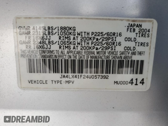 2004 Mitsubishi Outlander XLS z VIN JA4LX41F24U057392, wystawiony jako Copart lot #59284845 z przebiegiem 106 667 mil mil oraz Szkoda całkowita • Salvage title. Historia ofert i sprzedaży dostępna na DreamBid. Obrazek 13.
