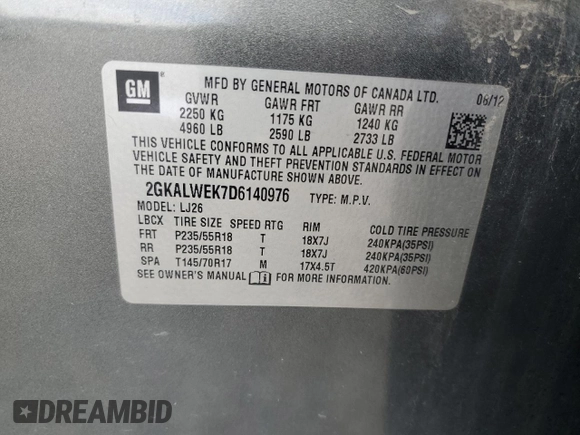 2013 GMC Terrain SLT with VIN 2GKALWEK7D6140976, listed as a Copart auction lot 62548985 with 128,968 mi miles and Salvage title. Bid and sale history available at DreamBid. Image 13.