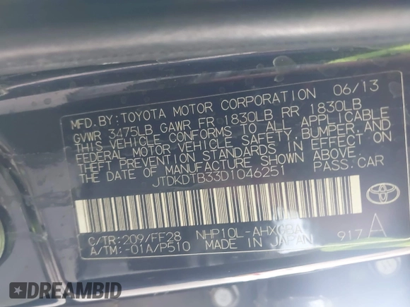 2013 Toyota Prius One z VIN JTDKDTB33D1046251, wystawiony jako IAAI lot #42304087 z przebiegiem 229 655 mil mil oraz . Historia ofert i sprzedaży dostępna na DreamBid. Obrazek 9.