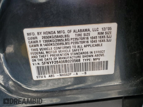 2006 Honda Pilot EX with VIN 5FNYF28406B020568, listed as a Copart auction lot 50340245 with Not Provided miles and Salvage Title. Bid and sale history available at DreamBid. Image 15.