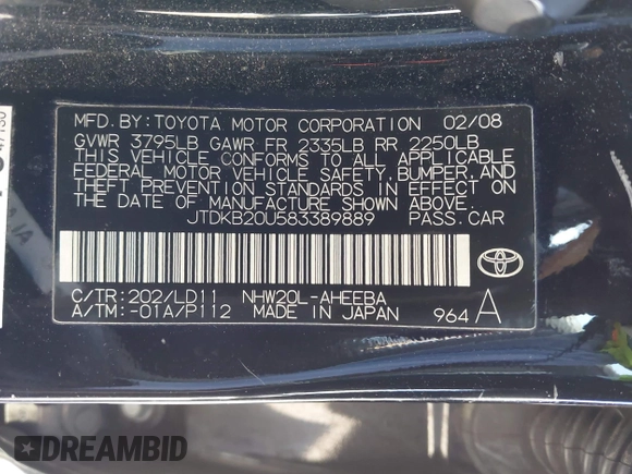2008 Toyota Prius with VIN JTDKB20U583389889, listed as a IAAI auction lot 41987734 with 174,748 mi miles and . Bid and sale history available at DreamBid. Image 9.