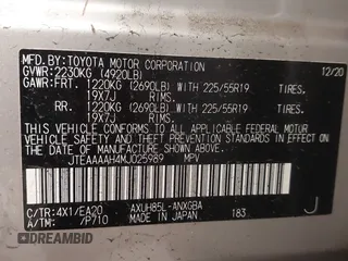 2021 Toyota Venza LE with VIN JTEAAAAH4MJ025989, listed as a IAAI auction lot 41642832 with 34,459 mi miles. Bid and sale history available at carsss.com. Image 9.