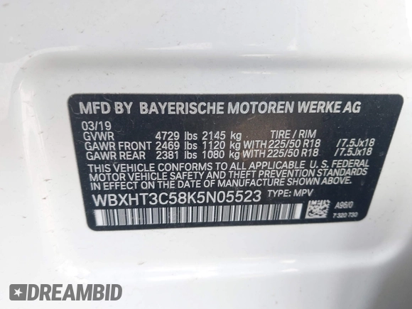 2019 BMW X1 xDrive28i with VIN WBXHT3C58K5N05523, listed as a IAAI auction lot 41752675 with 63,861 mi miles. Bid and sale history available at carsss.com. Image 9.