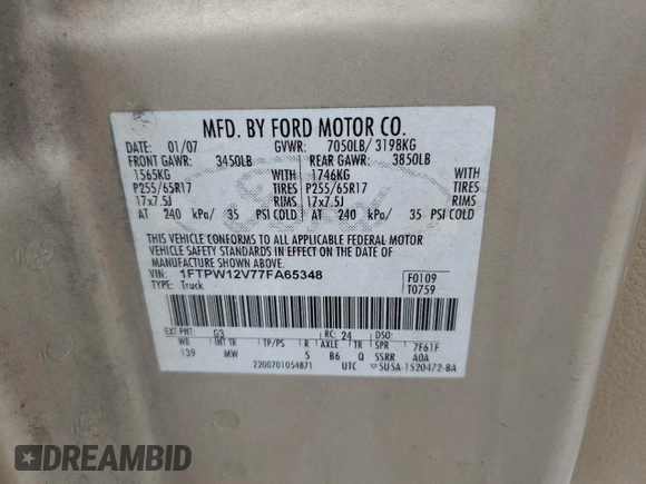 2007 Ford F-150 XLT with VIN 1FTPW12V77FA65348, listed as a Copart auction lot 59727355 with 146,566 mi miles and Salvage title. Bid and sale history available at DreamBid. Image 12.