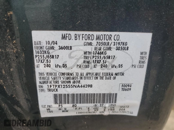 2005 Ford F-150 XLT with VIN 1FTPX12555NA44398, listed as a Copart auction lot 73512074 with 126,076 mi miles and Salvage Title. Bid and sale history available at carsss.com. Image 13.