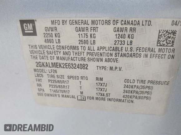 2014 GMC Terrain SLE with VIN 2GKALMEK2E6324082, listed as a IAAI auction lot 41887456 with 164,578 mi miles. Bid and sale history available at carsss.com. Image 9.