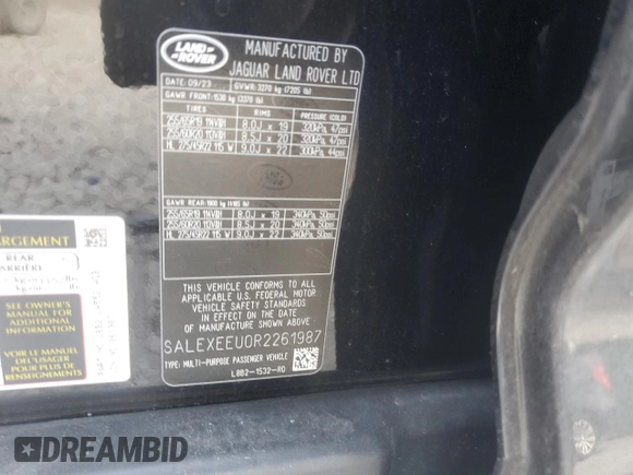 2024 Land Rover Defender X with VIN SALEXEEU0R2261987, listed as a Copart auction lot 46060625 with 5,062 mi miles and Salvage title. Bid and sale history available at DreamBid. Image 15.
